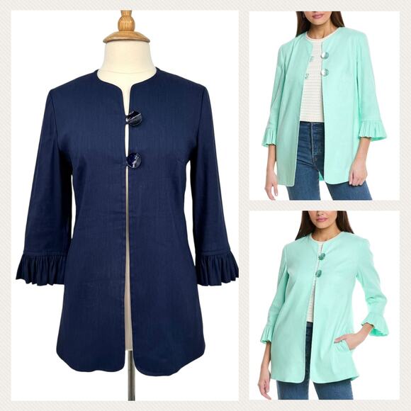 NWT Sara Campbell Carmen Linen Jacket Size 4 Navy Ruffle Cuff Coastal Preppy - Picture 2 of 16